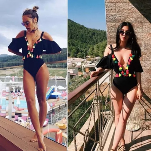 Black off shoulder onepiece monokini with tassels - Picture 2 of 4